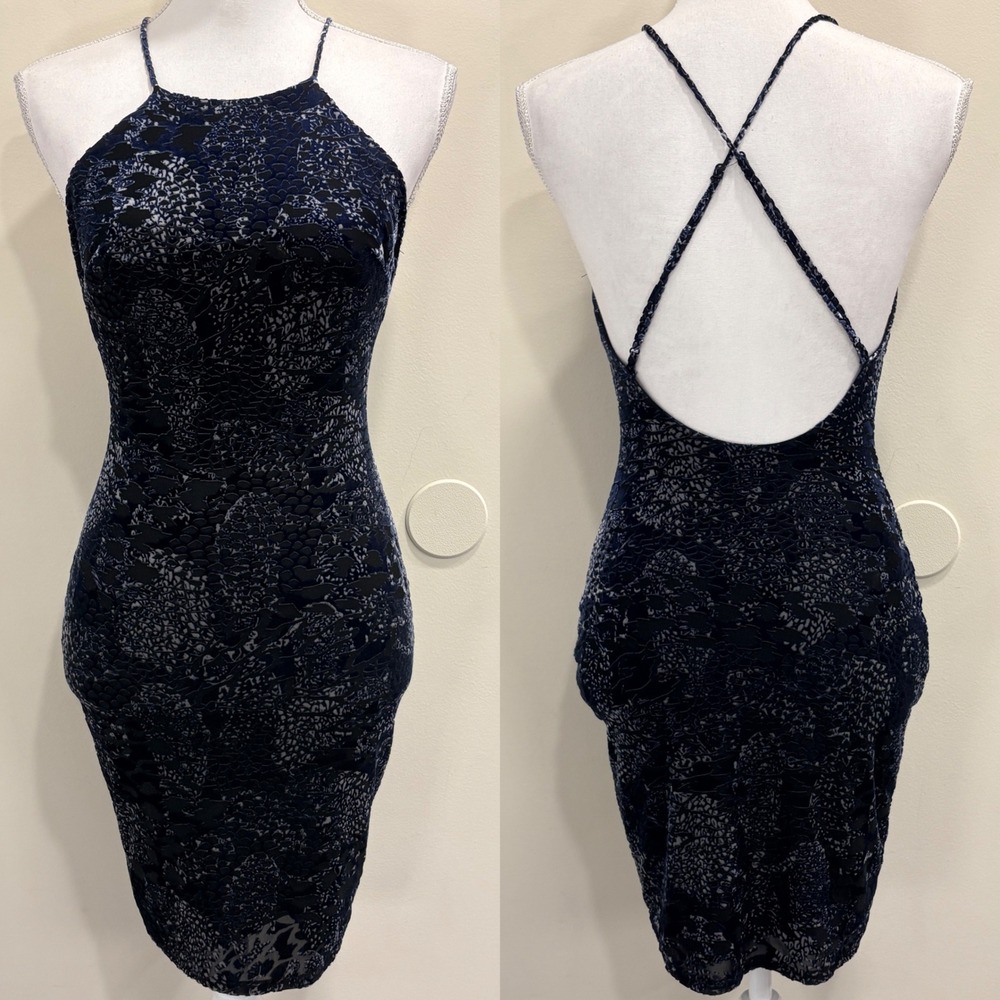 Guess Navy Black Burnout Velvet Snakeskin Halter Open Back Mini Bodycon Dress XS